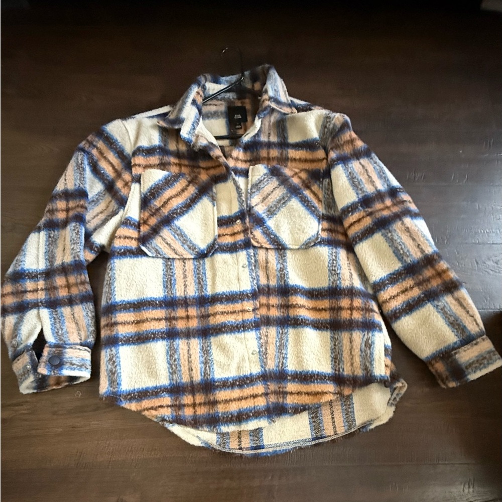 River Island Plaid Shirt Jacket in Cream and Blue